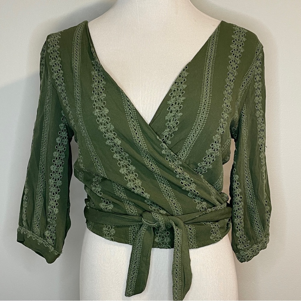 Olive Green Wrap Tie-Front Women's Top